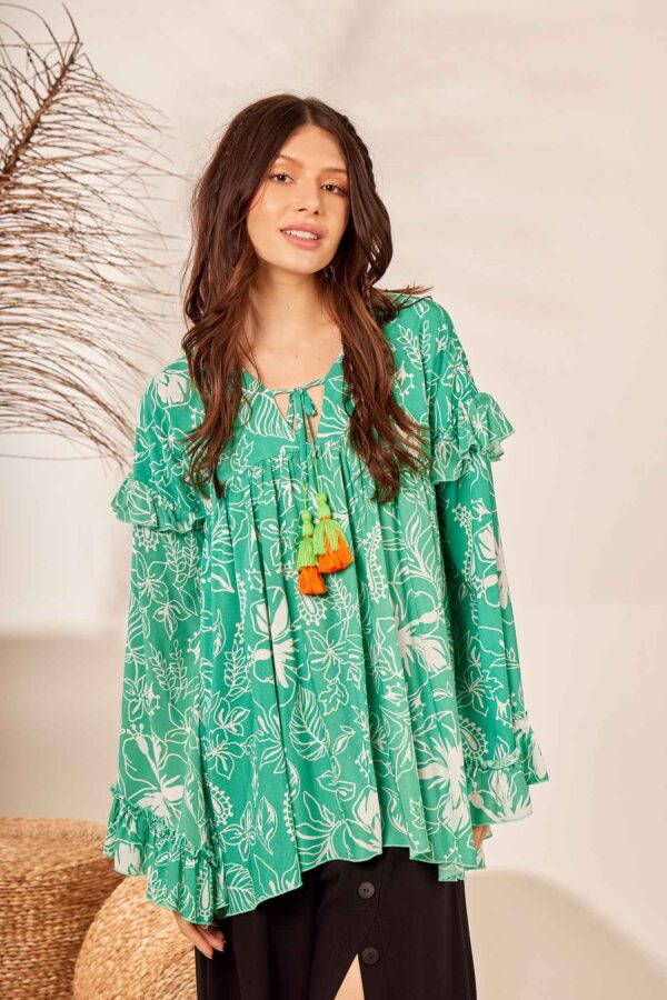 BATA AMPLA COM MANGAS LONGAS E BABADOS VERDE ESTAMPADA
